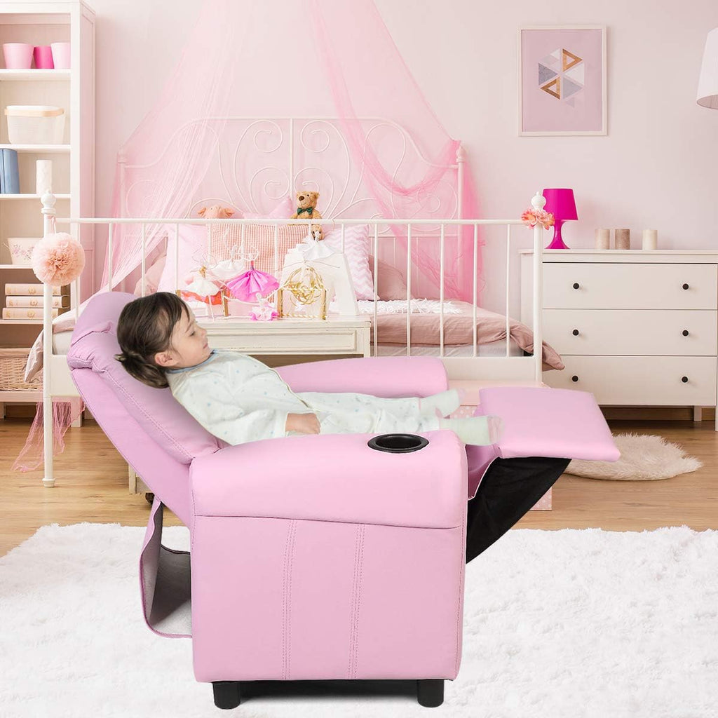 Kids Recliner chair, toddler Armchair Upholstered Couch with Cup Holder, Backrest, baby Leather sofa with Headrest and Footrest, Child Furniture for Ages 2-7(Pink)