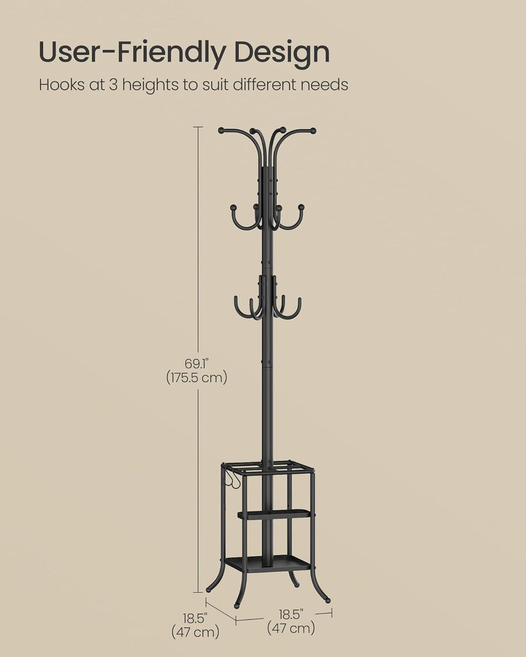 SONGMICS Coat Rack Freestanding with Umbrella Holder, Metal Coat Rack Stand with 12 Hooks, for Entryway, Hallway, Living Room, Bedroom, Ink Black URCR082BH02S