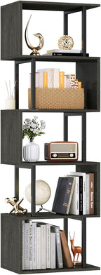 Furologee 6 Tier Bookshelf Tall Geometric Bookcase, S Shaped Industrial Display Standing Shelf, Metal and Wood Decorative Storage Room Divider Rack for Bedroom, Living Room, Office, Light Black Oak