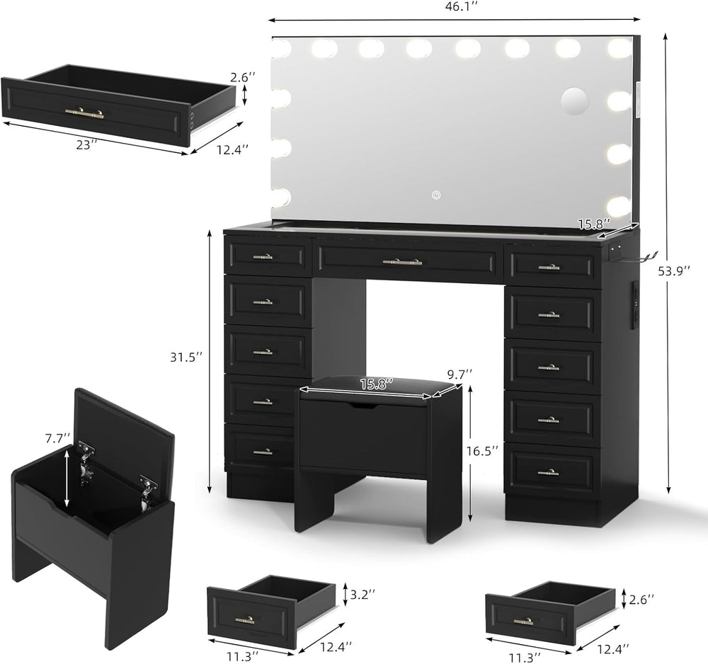 VOWNER Vanity with Lighted Mirror, Makeup Vanity Desk w/Bluetooth Speaker | G...