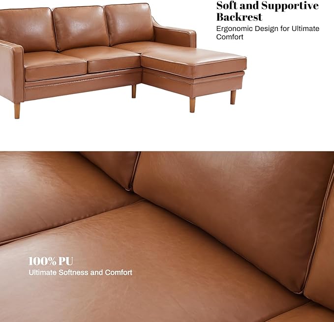 Kingfun 88" L-Shape Sofa, Faux Leather Sectional Couch, Mid Century Modern Couches with Solid Wood Frame for Living Room & Bedroom, Dark Brown