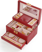 CASEGRACE Jewelry Box,3 Layers Leather Jewelry Storage Box with Lock, Mirror,Jewelry Storage Case for Necklaces Earrings Bracelets and Rings