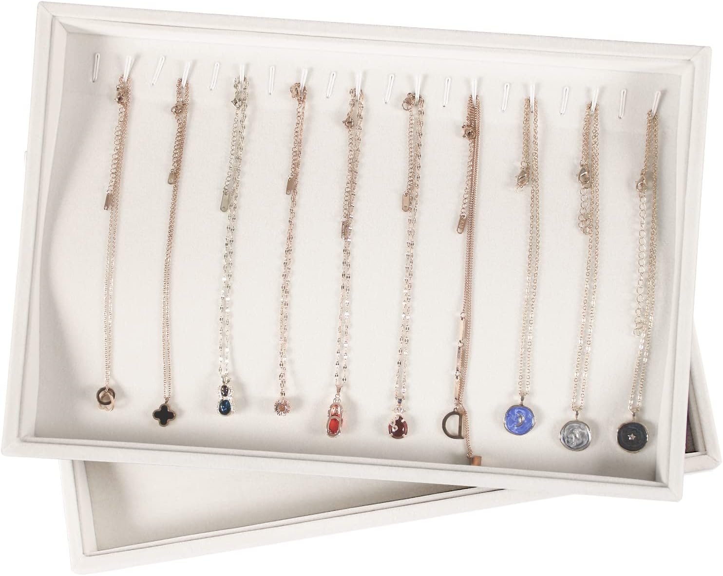 Coward Set of 2 Stackable Necklace Holder Organizer Tray Velvet Necklace Display Stand for Selling Jewelry Box Case for Storage (beige(necklace+necklace))