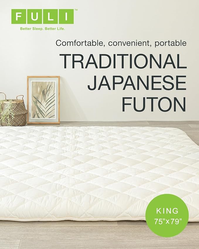 FULI Japanese Futon, Foldable & Portable Floor Lounger Bed, Roll Up Sleeping Pad, Shikibuton, Made in Japan (White, King)
