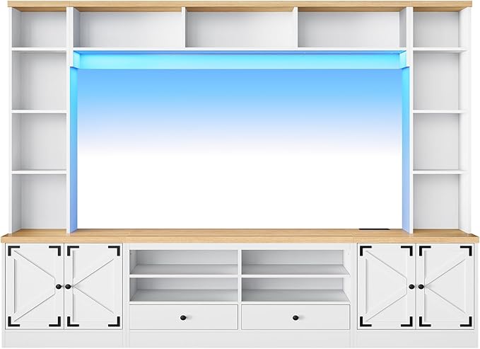 94.5" Wall Unit Entertainment Center with Doors, Farmhouse TV Stand with Bookshelves, Storage Cabinet, Fits TVs up to 78", Large Media Console with LED Light and Power Outlet, for Living Room