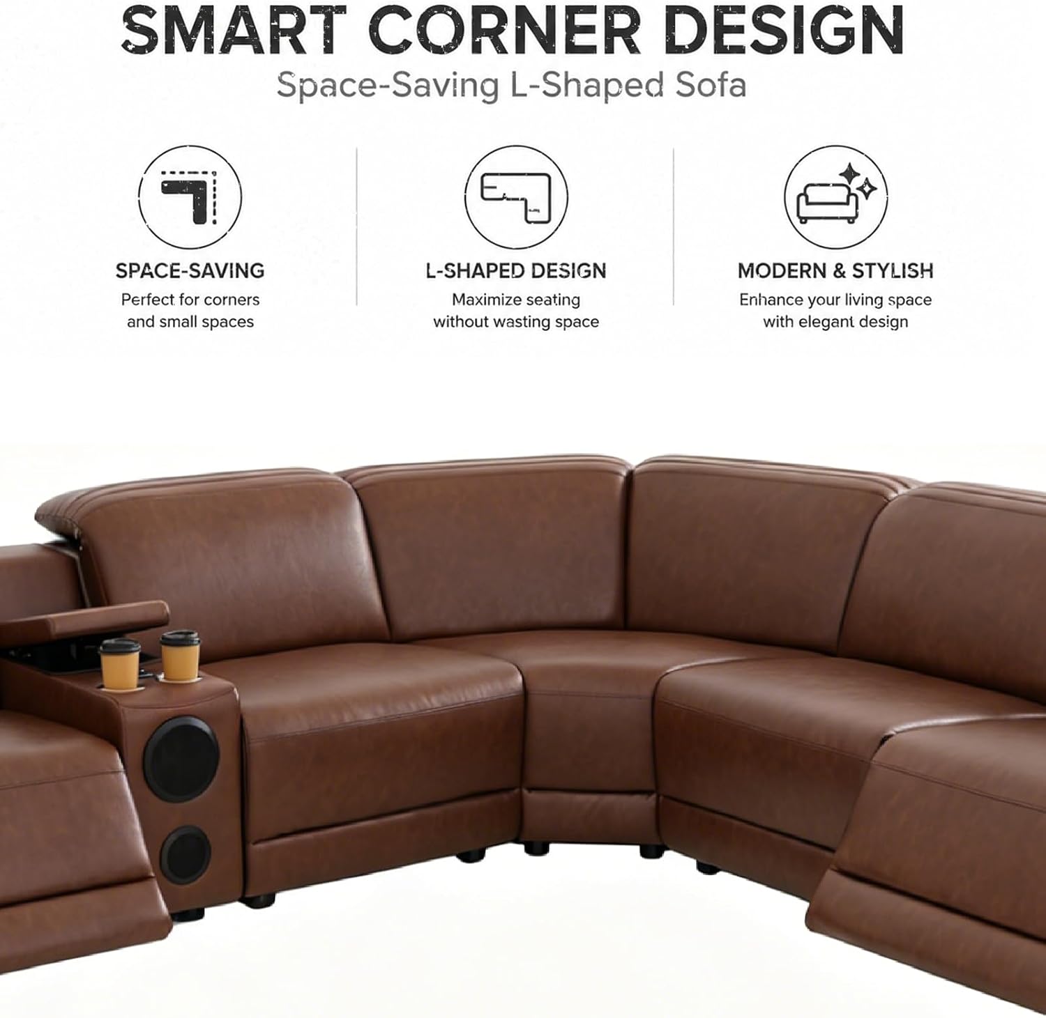 Power Reclining Sectional Sofa with Speakers, L-Shaped Air Leather Recliner Sectional Couch with USB Ports, Cup Holders & Storage Console, Luxury Living Room Furniture Set for Home, Office & Apartment