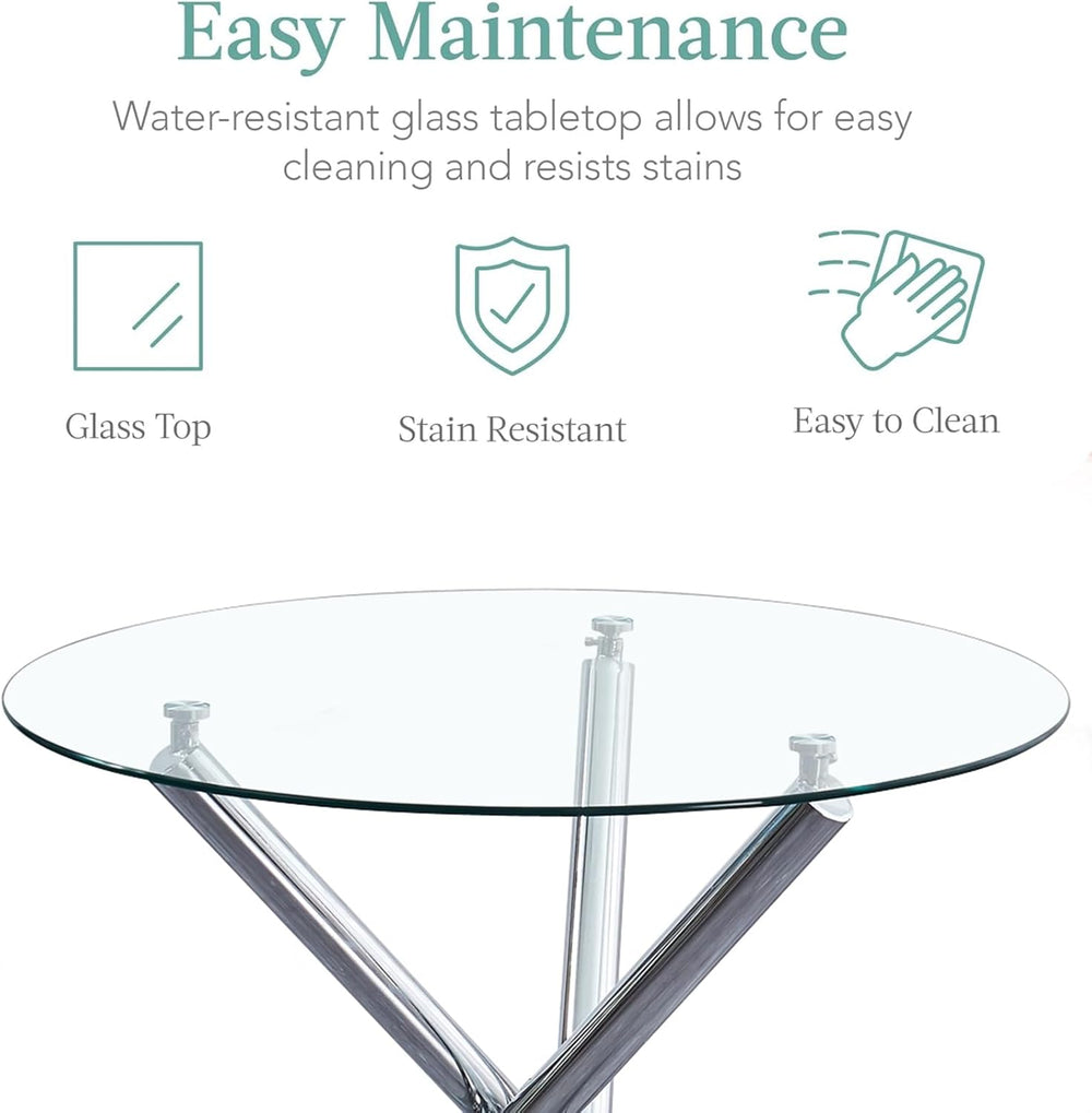 Round Glass Dining Room Set for 4 Modern Clear Silver Kitchen Table and Faux ...