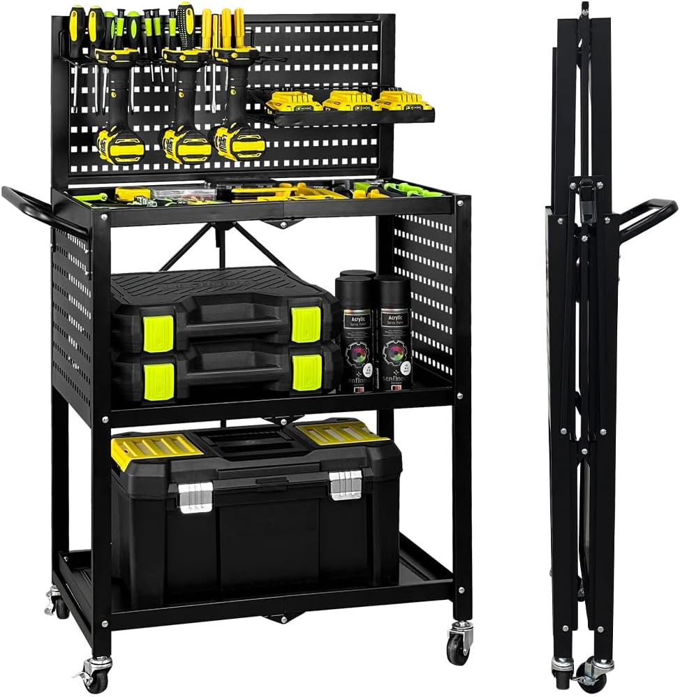 Lumizone Foldable Tool Cart with Wheels Rolling Utility Service Cart with Pegboard for Power Tool Organization Garage Organizer Storage on Wheels Heavy Duty Folding Design (Tool Cart)