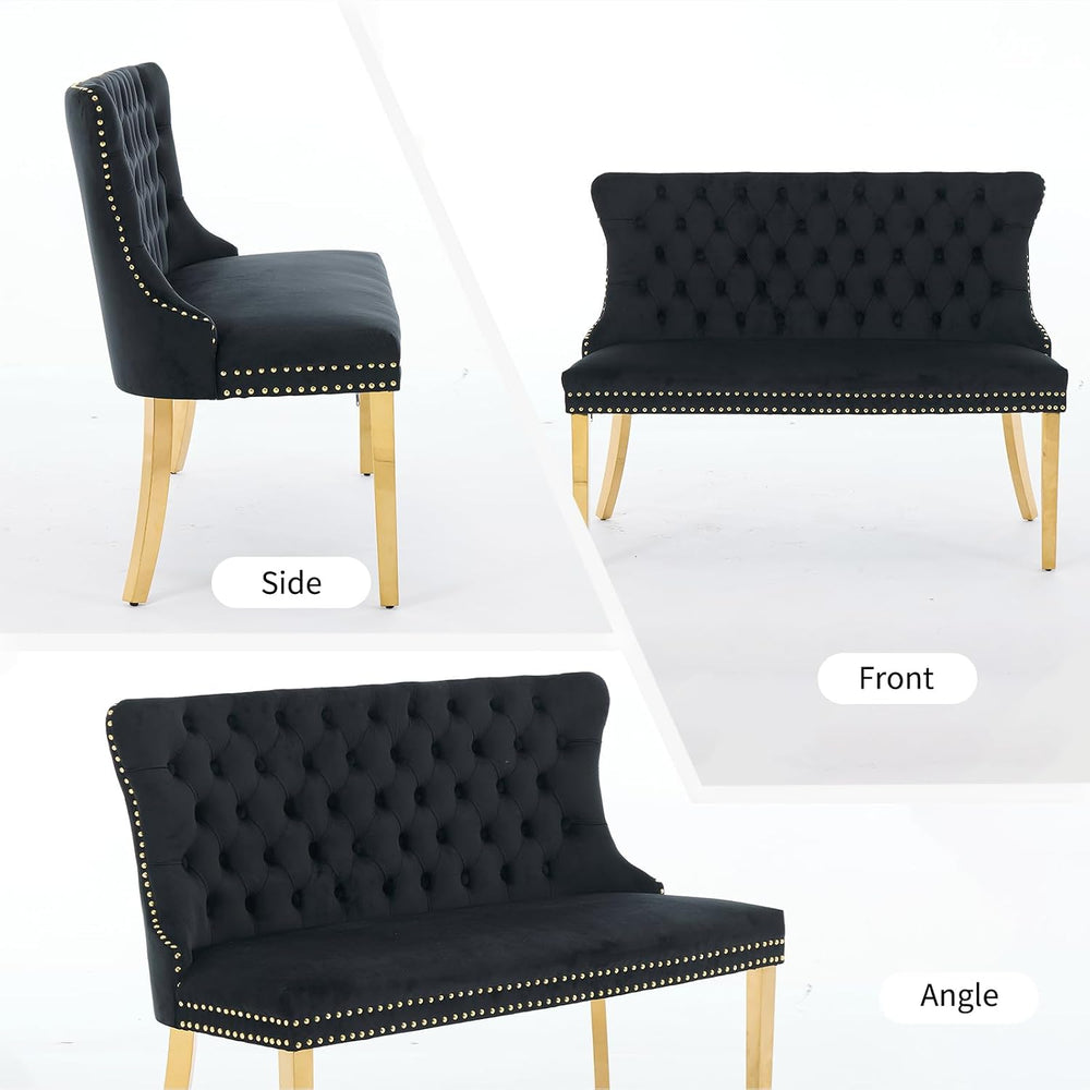 Black Velvet Dining Bench with Back, Tufted Banquette Seating, Gold Legs | Up...