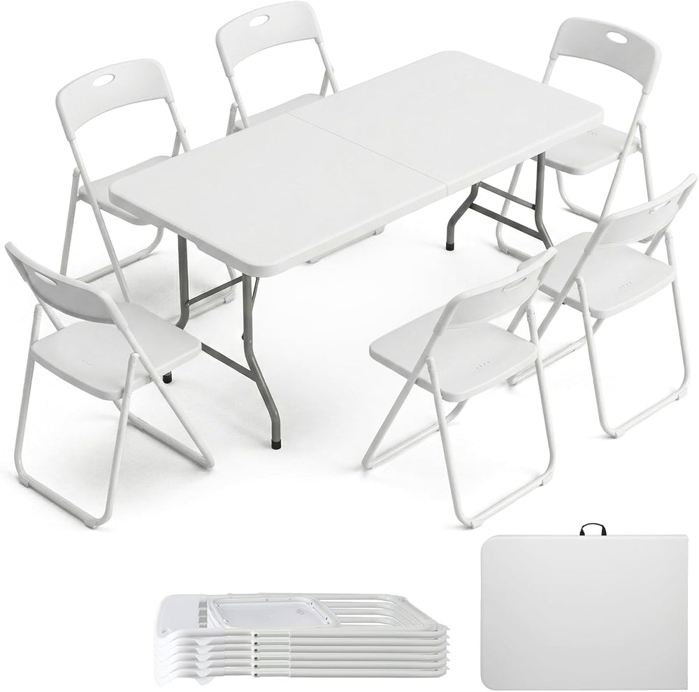 Folding Table and Chairs Set, 6 Foot Foldable Long Plastic Table with 6 Plast...