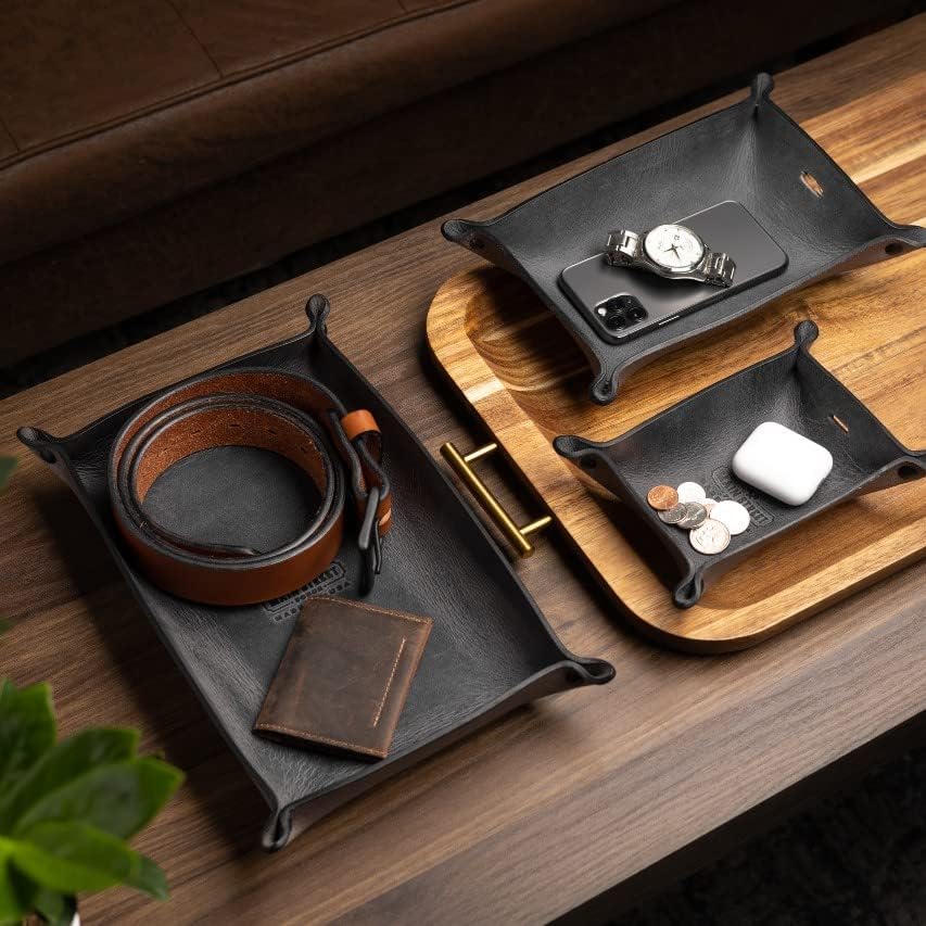 Main Street Forge Leather Valet Tray for Men – Rustic EDC Organizer for Keys, Phone & Wallet – Made in USA – Midnight Black