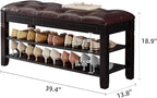 Shoe Storage Bench, Entryway Shoe Rack with Fiberleather Seat 2-Tier Lift Top Organizer Wooden Shoe Bench for Entryway Hallway Living Room (Black 39.4x13.8x18.9'')