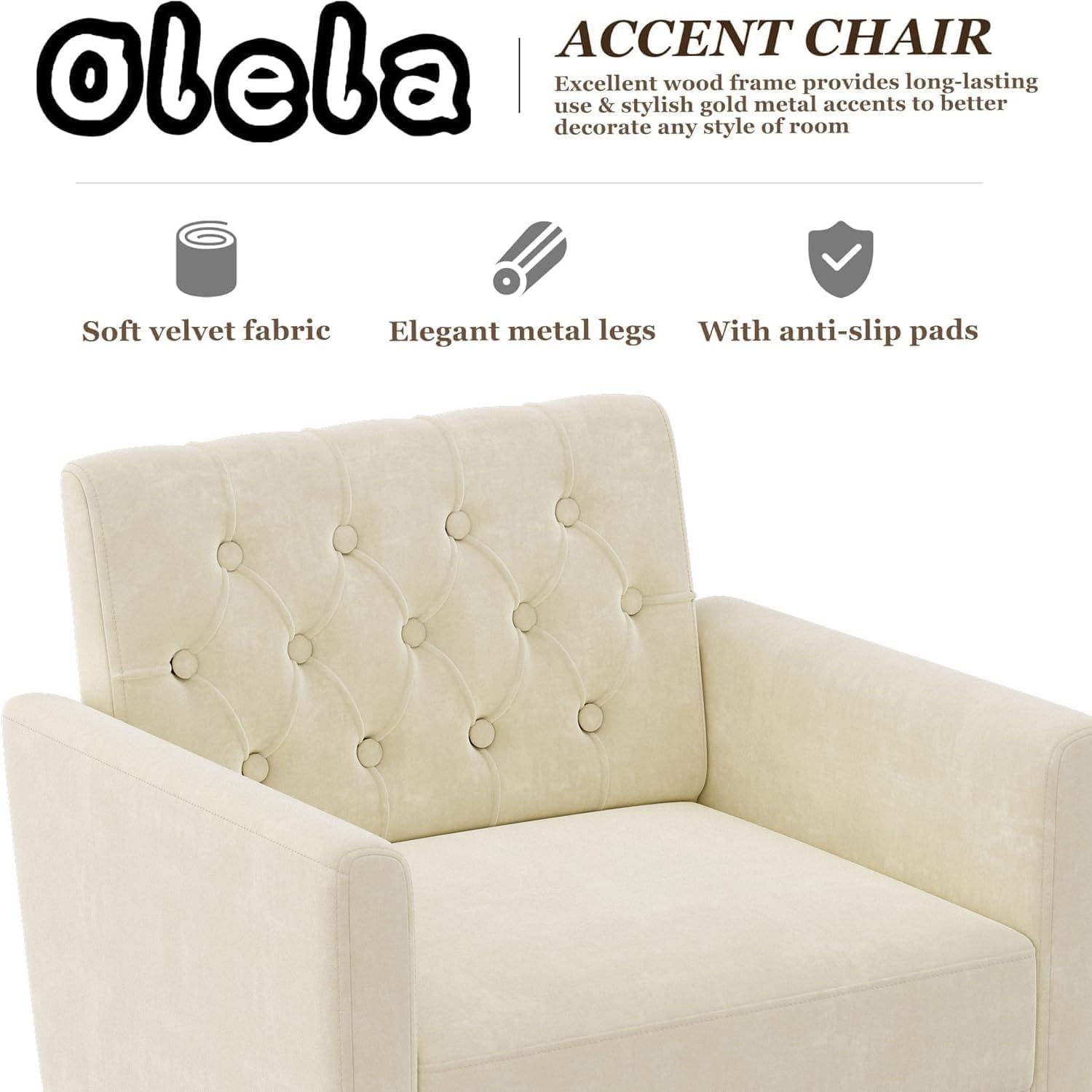 Olela Accent Chair with Arm for Living Room, Velvet Modern Armchair Single Sofa Cozy Tufted Upholstered Reading Side Chairs with Gold Metal Leg for Bedroom Decorate