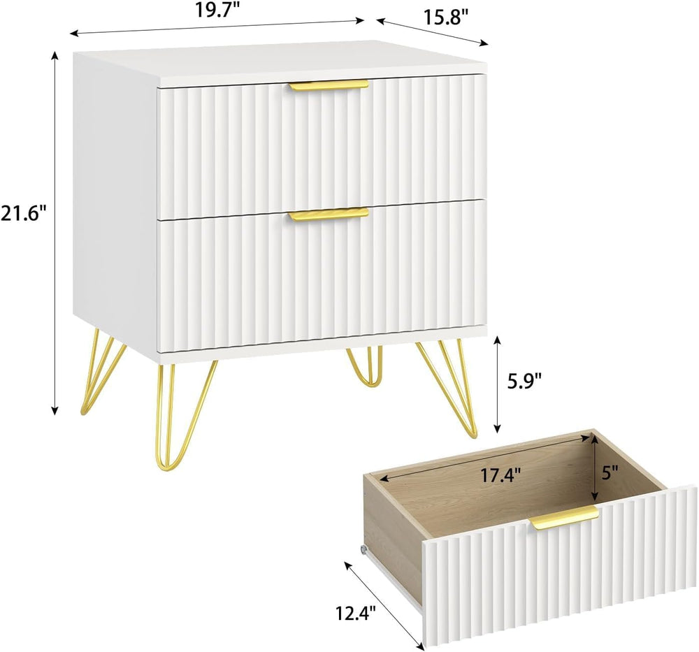 White Fluted Nightstand Set of 2, Modern Bedside Table with 2 Drawers and Gol...
