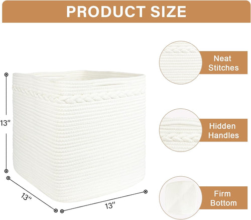 13 Inch Cube Storage Baskets, 3-Pack Woven Fabric Organizer Bins, 13"x13" Square Baskets for Cube Storage for Shelves, Baby Nursery, Closet Organizer, White