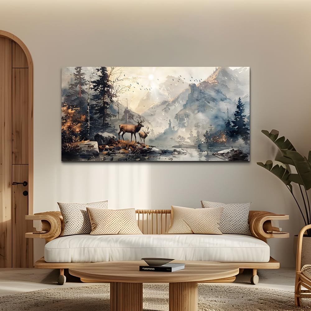 FUHAIHUA Canvas Wall Art for Living Room, Mountain Forest Deer Landscape 20x4...