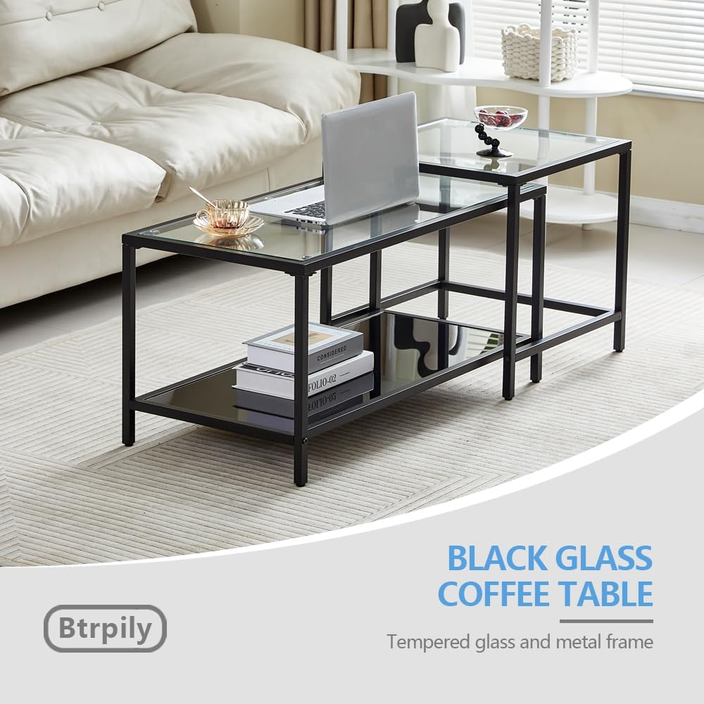 Coffee Table Nesting Set of 2, Center Coffee Table Set with Tempered Glass, M...