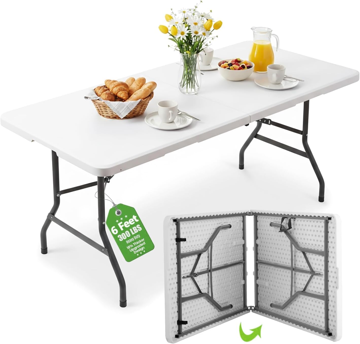 Rewing 6FT Folding Table Heavy Duty 180cm White Table With Carry Handle For All Occasions - 150kg Capacity - For Wedding, Office, Garden, Camping