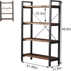 Solid Wood Bookshelf, 4-Tier Rustic Vintage Industrial Etagere Bookcase, Open Metal & Wood Vintage Book Shelf, Retro Brown