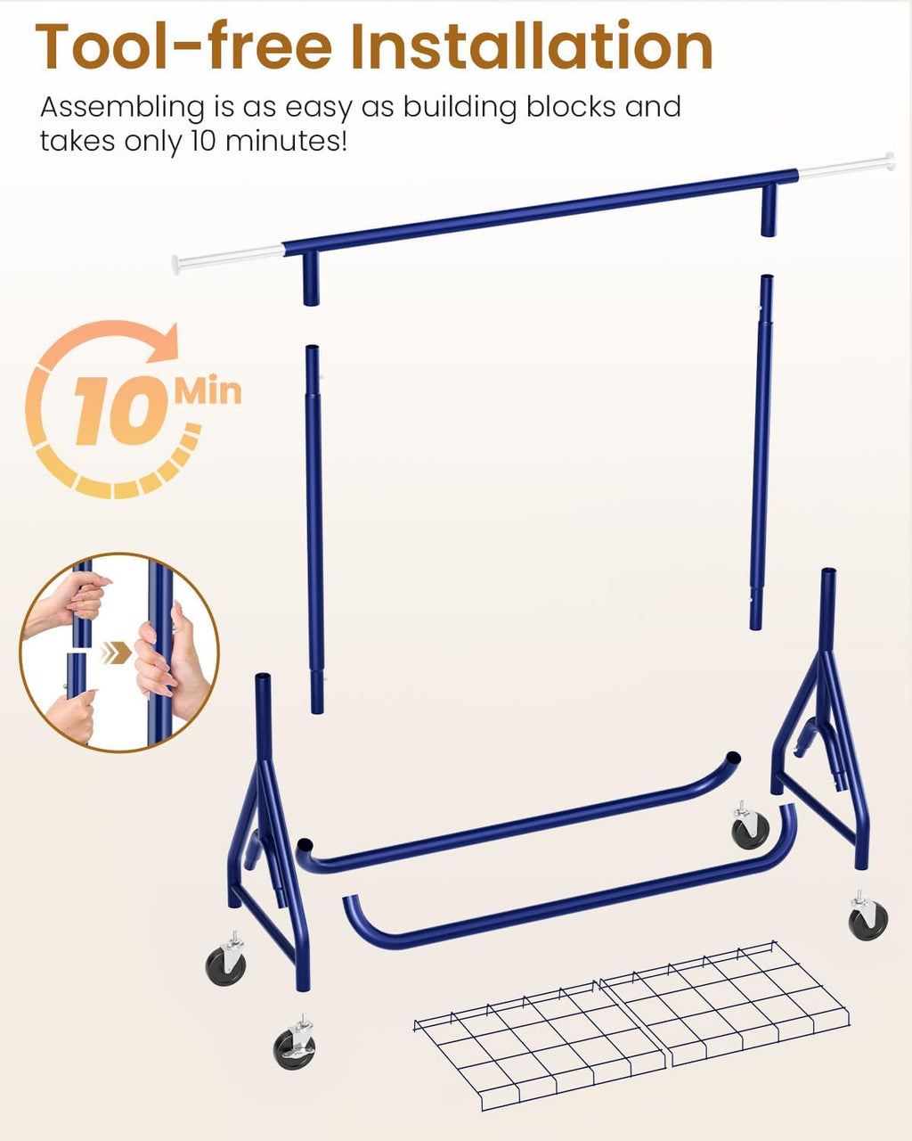 Heavy Duty Clothing Rack, Metal Clothes Rack Load 450 LBS, Rolling Coat Racks for Hanging Clothes with Lockable Wheels, Wardrobe Closet Garment Racks for Bedroom, Navy Blue
