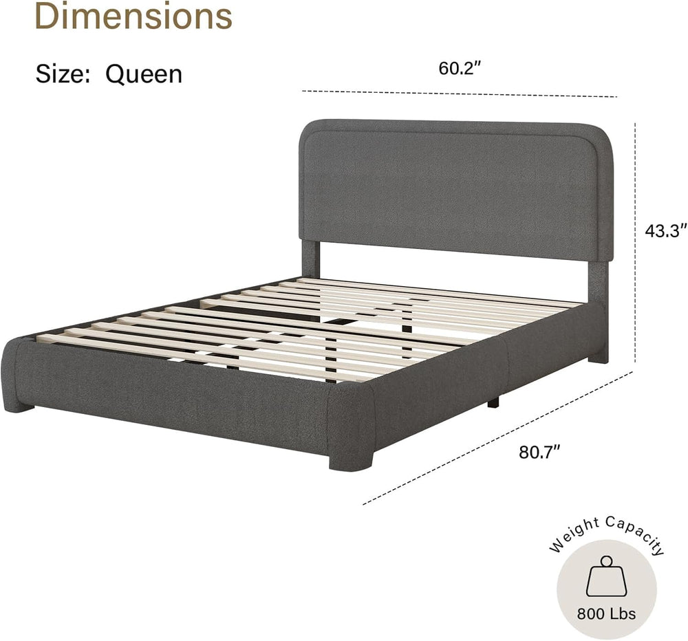 BarnFurin Queen Bed Frame, Cloud Boucle Headboard, Rounded Corners, Grey