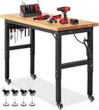 Work Bench with Wheels 48 x 20 Inch Heavy Duty Rubberwood Tabletop Garage Workbench Adjustable Height Work Table with Pegboard, Power Outlets for Woodworking Shop, Home, Office