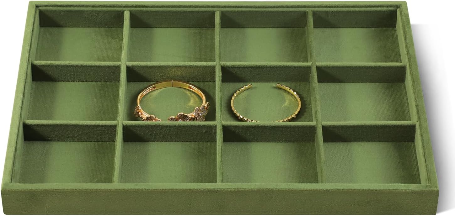 Velvet Stackable Jewelry Display Tray, 12 Grid Watch Bangle Bracelet Storage Tray, Makeup Drawer Insert Jewelry Shop Organizer Plate (Olive Green)