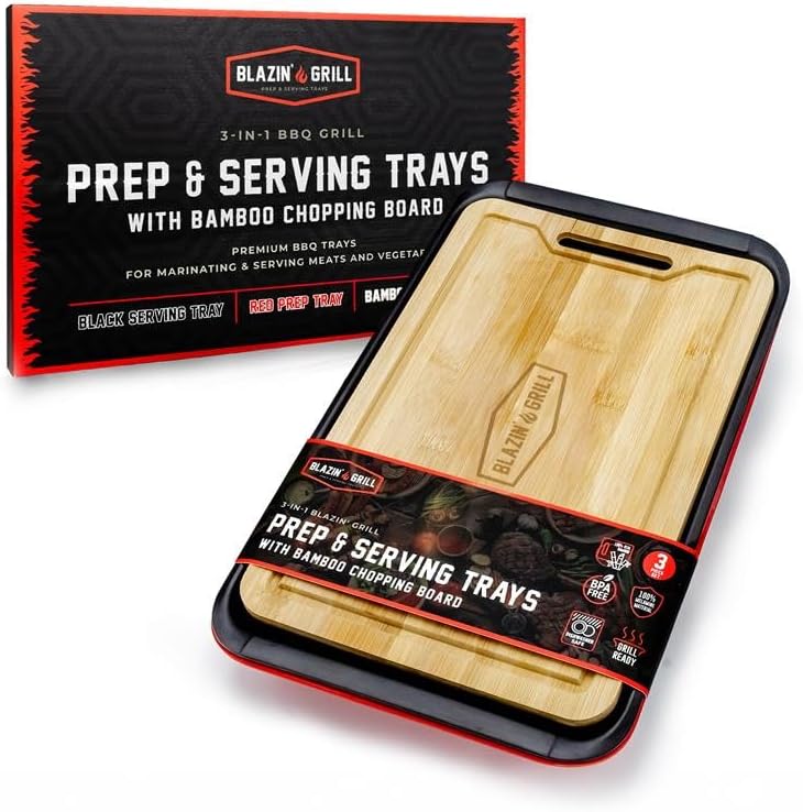 BLAZIN' GRILL Prep and Serving Trays | Set of 3 Stackable, Melamine Trays with Bamboo Cutting Board | Trays for Marinating, Serving & Chopping | Serving Platter for Plating Food & BBQ Prep Tub |