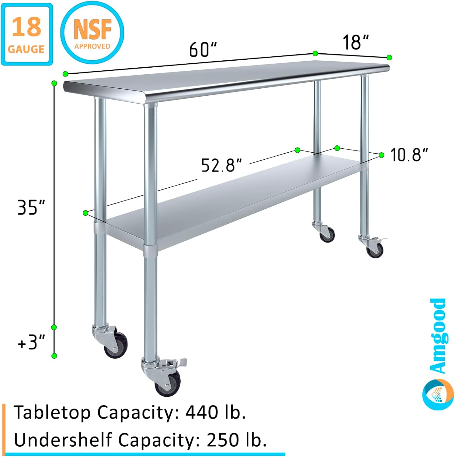 AmGood 18" x 60" Stainless Steel Work Table with Casters | Heavy Duty Metal Utility Table On Wheels | Kitchen Island Cart