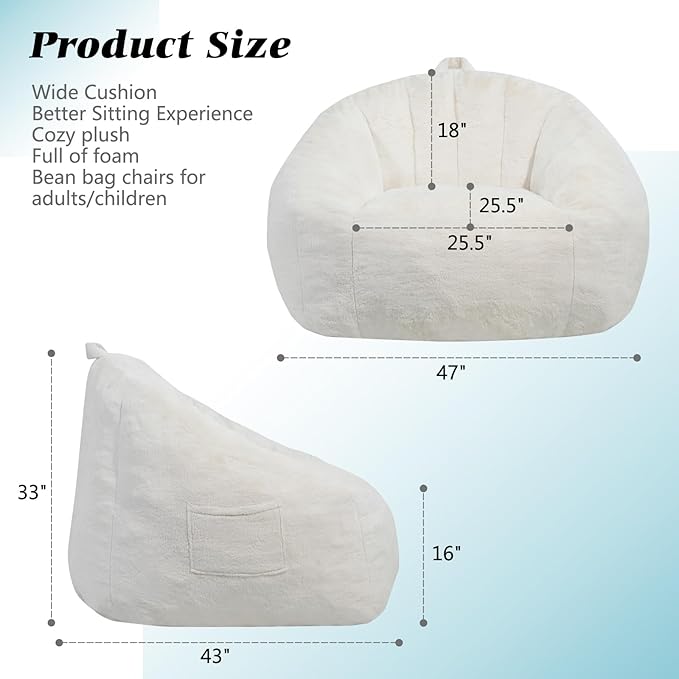Giant Bean Bag Chair, BeanBag Couch Filler with Memory Foam, Ergonomic Faux Fur Shell-Shaped Accent Chair Gaming and Reading Living Room, Bedroom, Beige