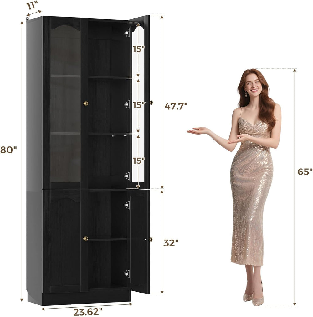 Cyclysio 80" Tall Pantry Cabinet with 8 Doors, Black Kitchen Pantry Stor...