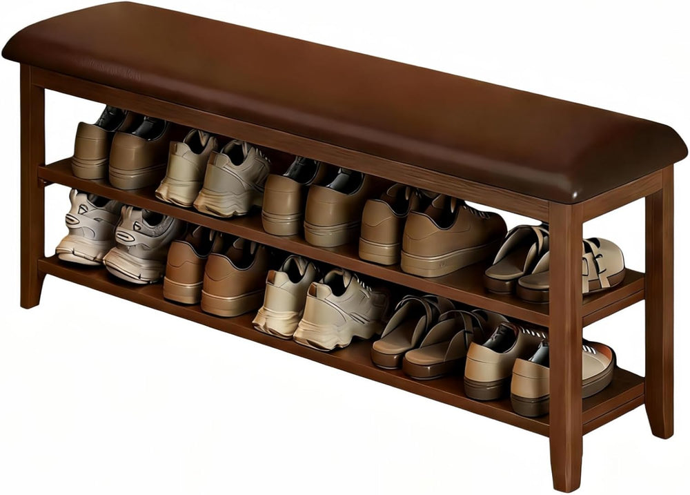 Shoe Bench Storage with Leather Cushion, Rustic Solid Wood Entryway Bench wit...