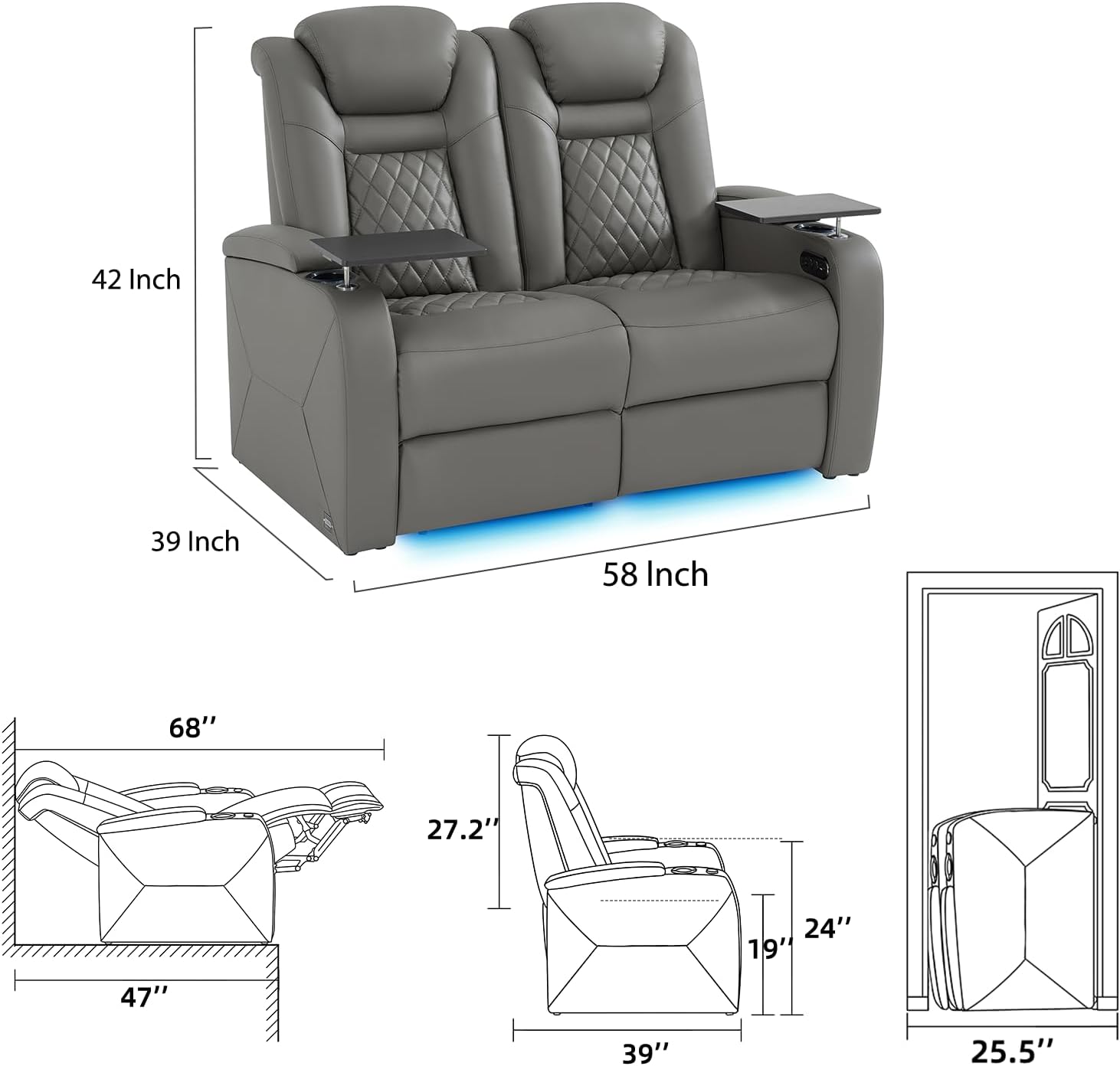 Home Theater Seating, Classic Series Leather Movie Theater Chairs, Power Headrest and Memory with C-Type USB Charger, 7-Color Ambient Lighting and Tray Table, Gray Power Adjustable Recliner(Row of 2L)