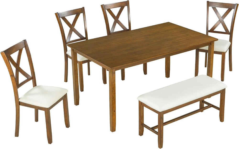 Merax 6 Piece Farmhouse Dining Table Set, 60" Solid Wood Rectangular Kit...