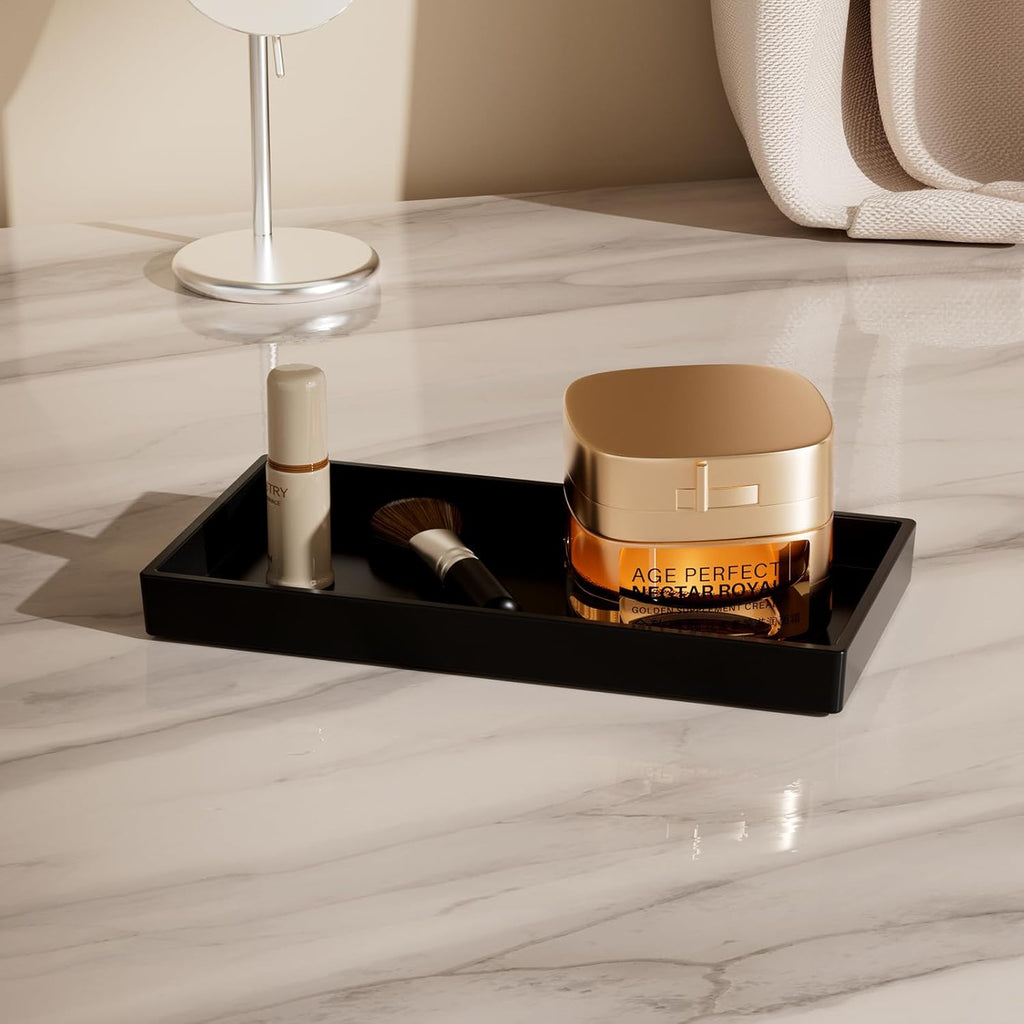Vanity and Bathroom Tray, 7.7" ABS Countertop Organizer,Waterproof Vanity Tray for Toilet Tank,Perfume,Soap,Keys,Bathroom Accessories,Kitchen and Bath Trays,Non Slip Small Trays,Black