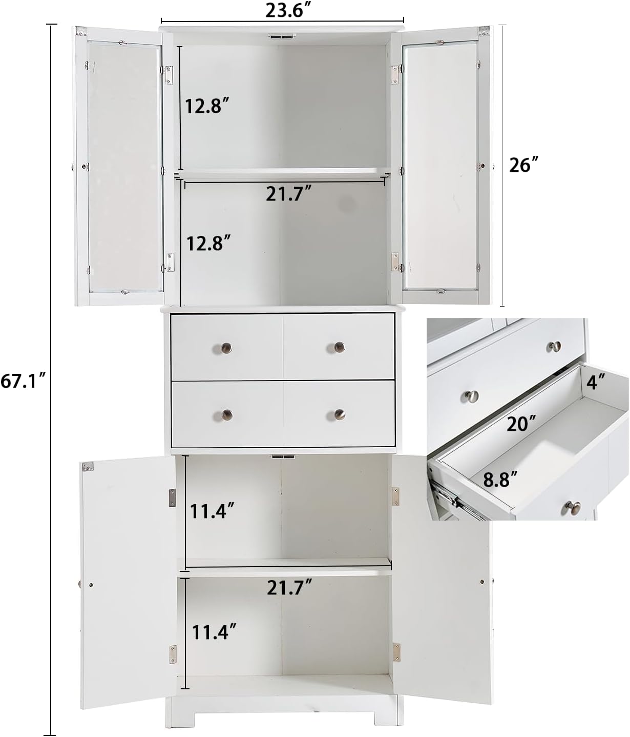 67" Tall White Kitchen Pantry Cabinet with Doors & Drawers - Large Storage Cupboard for Kitchen, Bathroom, Craft Room, 2 Glass Doors, Adjustable Shelf, 24" W x 12" D x 67" H, Easy Assembly