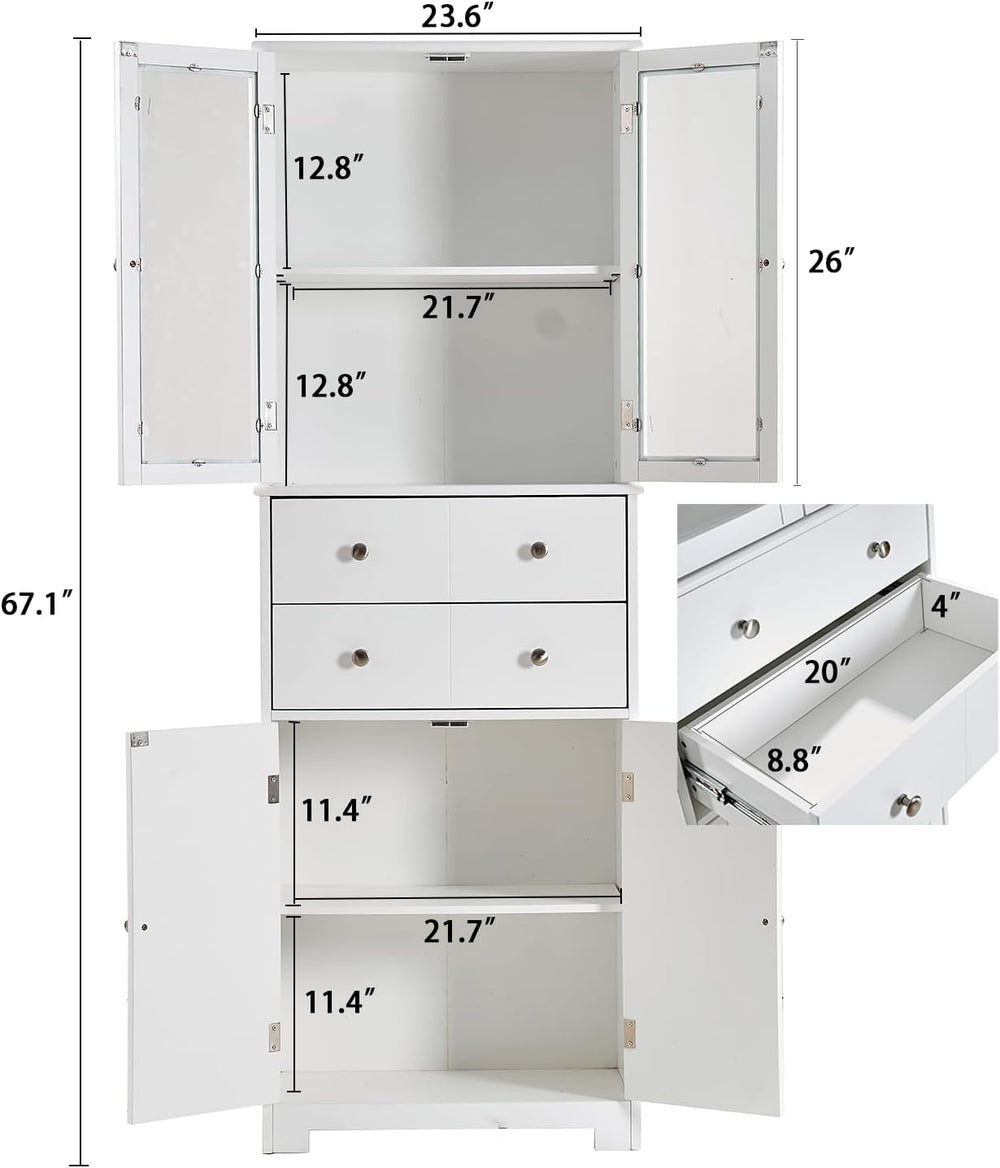 67" Tall Kitchen Pantry Cabinet with Glass Doors and Adjustable Shelves,...