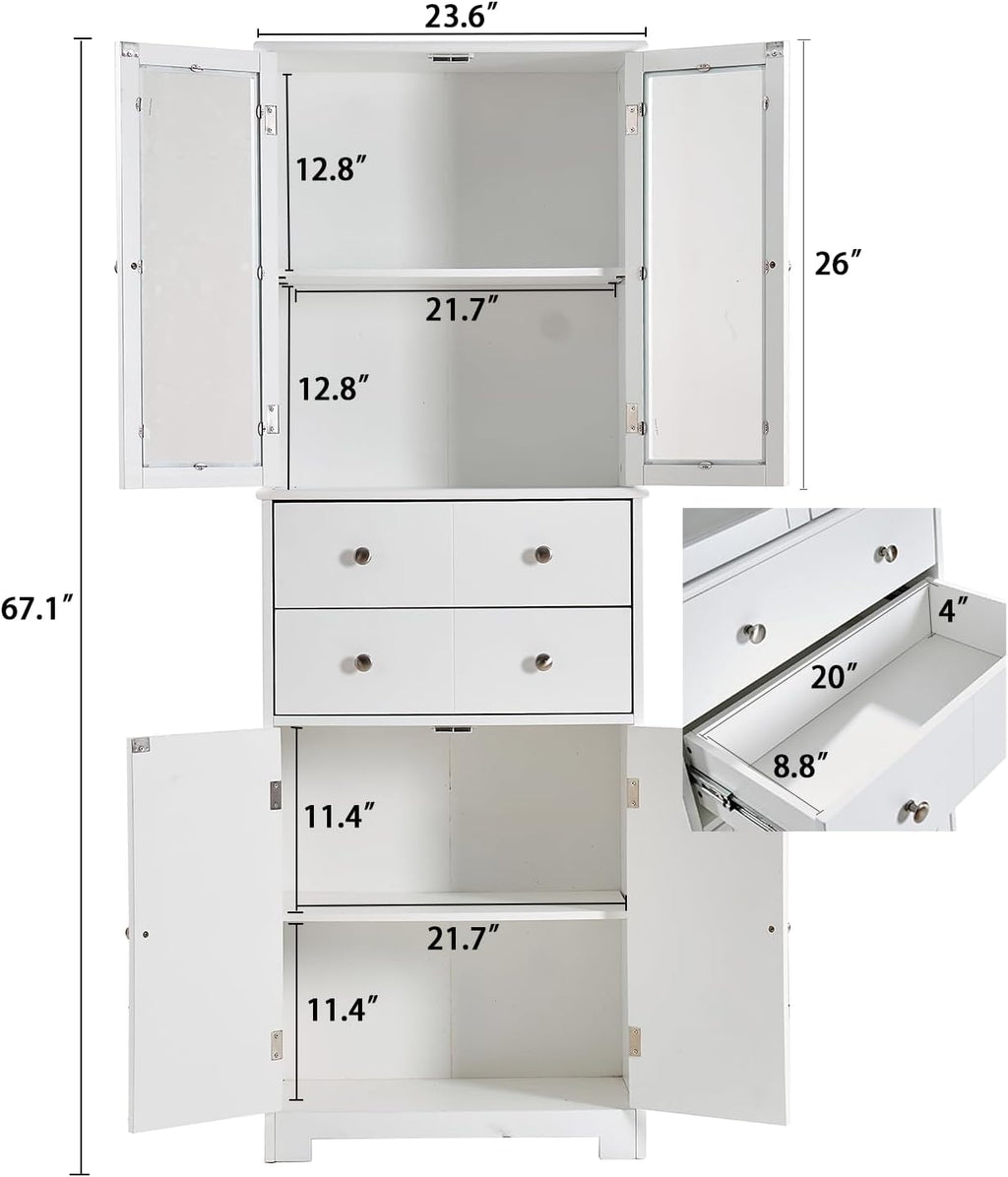 67" Tall White Kitchen Pantry Cabinet - Ample Storage with Doors & Drawers for Food, Bathroom Essentials & Craft Supplies!