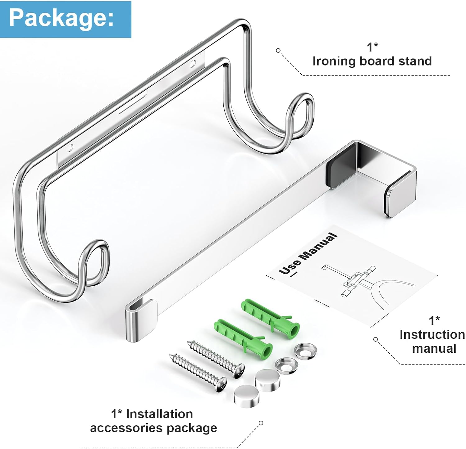Ironing Board Holder Wall Mount, Over The Door Ironing Board Holder, Over The Door Or Wall Mount Ironing Board Hanger for Y & T Leg Iron Boards (Silver)