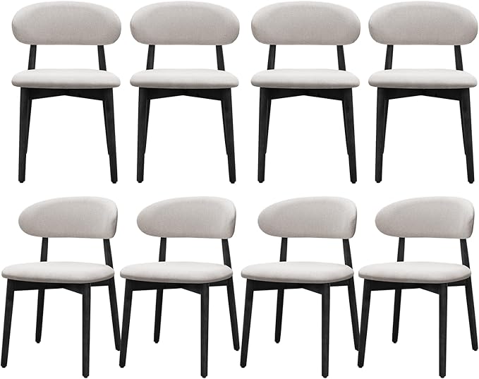 Farmhouse Dining Chairs Set of 8, Mid Century Modern Wooden Dining Room Chairs, Farmhouse Fabric Upholstered Kitchen Dinner Chairs for Living Room Restaurant Cafe, Black/Flax Gray
