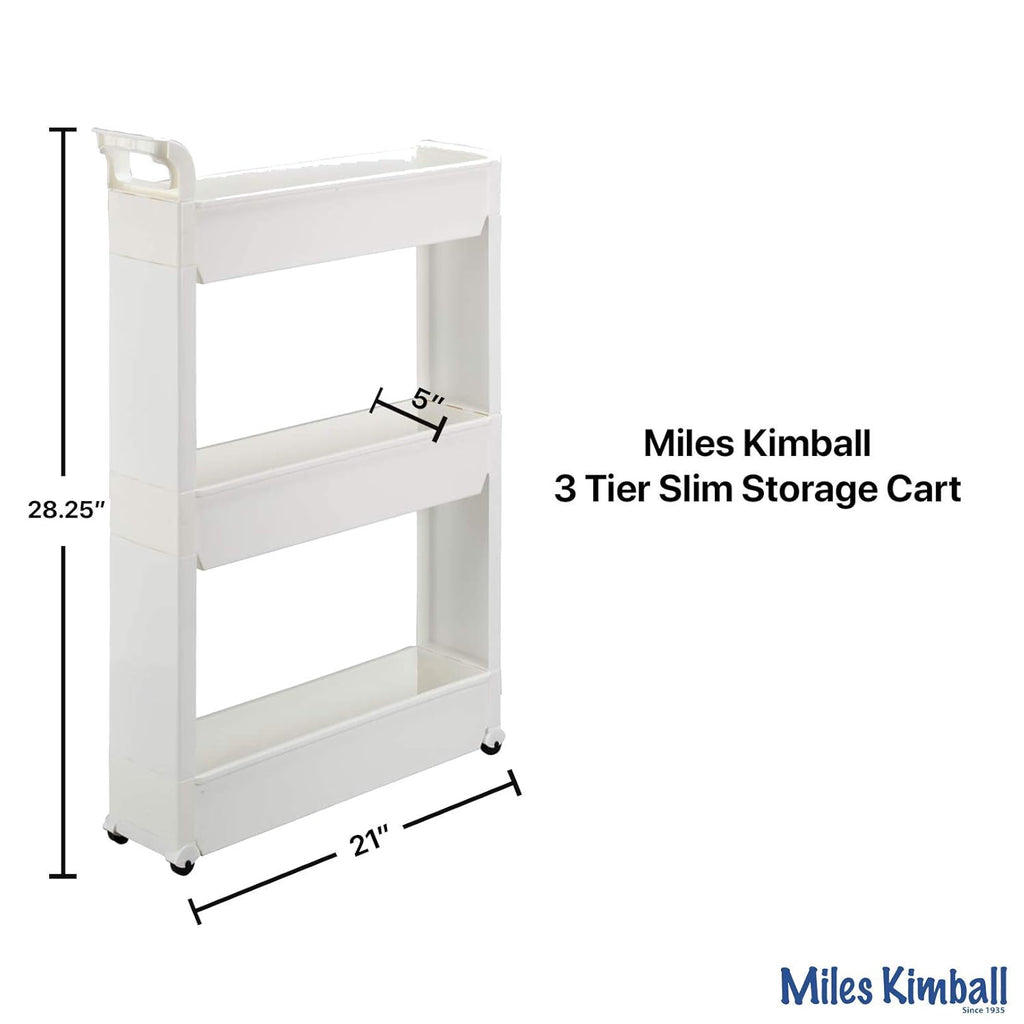Miles Kimball Slim Storage Cart with 3 Baskets/Shelves and Rolling Casters for Kitchen, Laundry, and Small Space Storage, Durable Plastic - Measures 21" Long x 5" Wide x 28 1/4" High