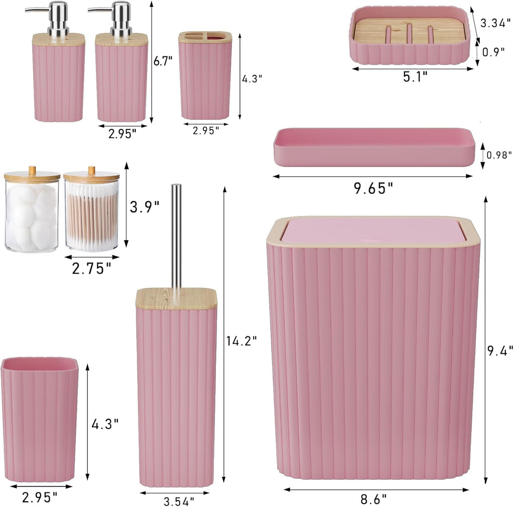 Bathroom Accessories Set - Elegant Pink Bathroom Set, 10PC Bathroom Accessory Set, Toilet Brush, Bathroom Trash Can