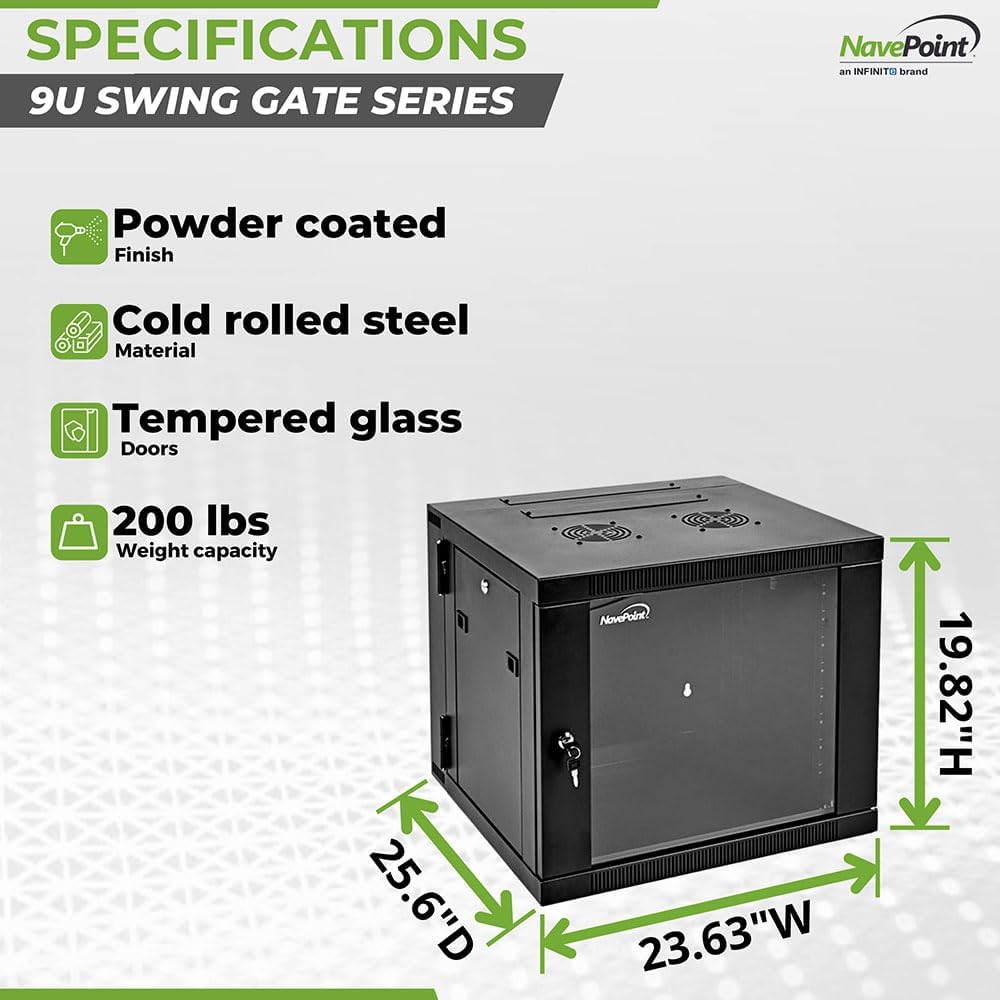 NavePoint 9U Wall Mount Cabinet with Hinged Back - 25.5” Deep, Server Rack En...