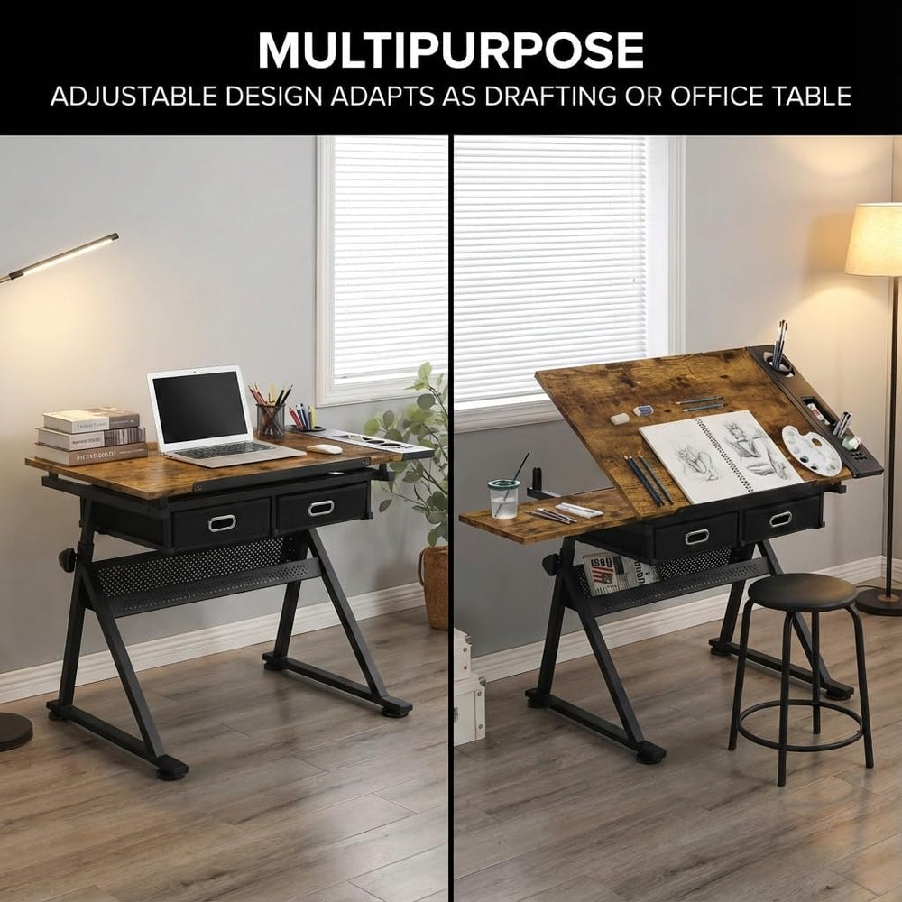 Drafting Table with Storage & Stool: Adjustable Tilting Art Desk, 2 Drawe...