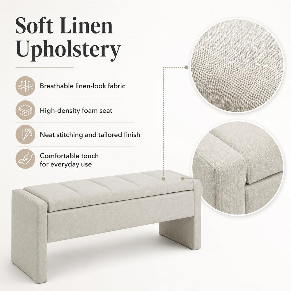 47.25 Inch Storage Ottoman Bench, Linen Upholstered, Light Grey | End of Bed ...