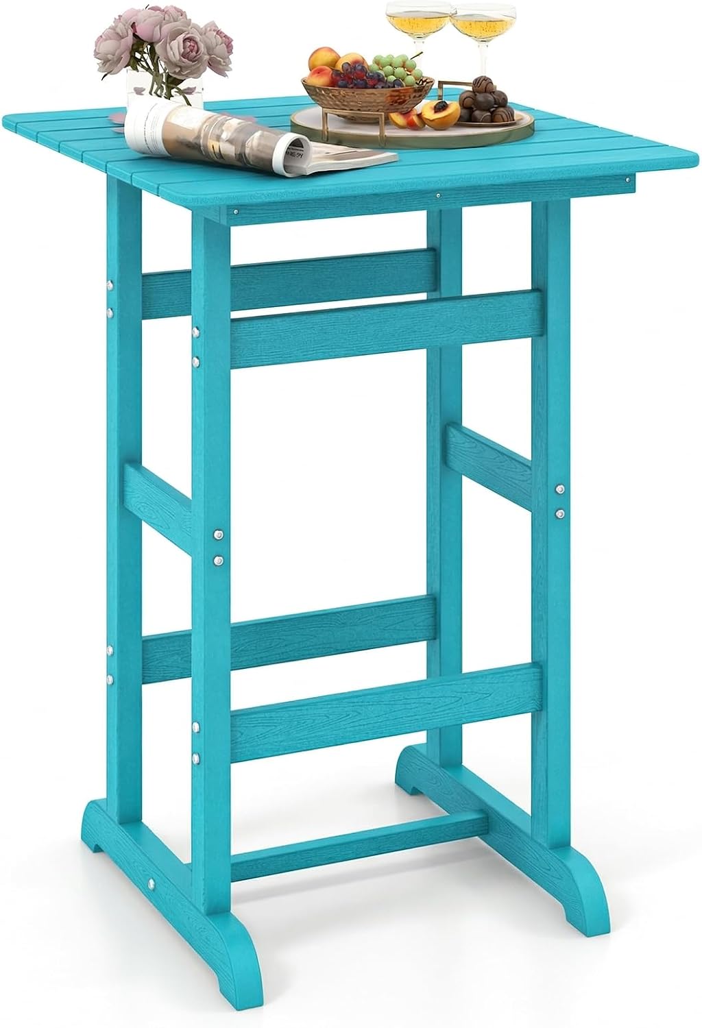 Giantex 42" Height Outdoor Tall Bar Table, HDPE Square Pub Table with Wood Grains, Cocktail High Top Tables for Adirondack Chairs, Patio, Bistro, Garden, Poolside, Yard, Balcony, Turquoise