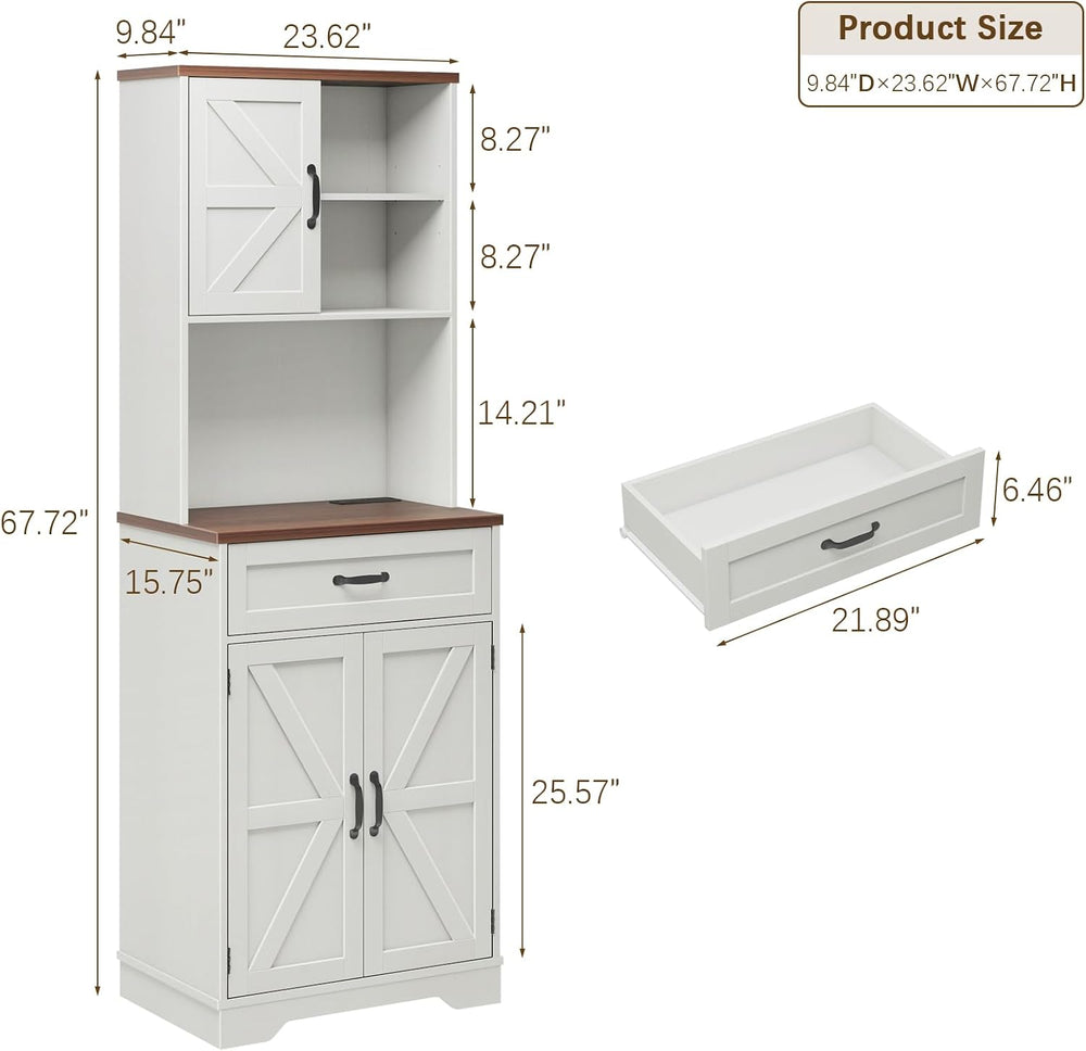 Vabches 68" Farmhouse Storage Cabinet with LED Light & Charging Stat...