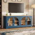 Farmhouse TV Stand with Adjustable Shelves for TVs up to 70'', Entertainment Center with Semi-Arched Glass Doors, Wood Grain Sideboard with Cable Management for Living Room, Blue