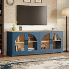 Farmhouse TV Stand with Adjustable Shelves for TVs up to 70'', Entertainment Center with Semi-Arched Glass Doors, Wood Grain Sideboard with Cable Management for Living Room, Blue