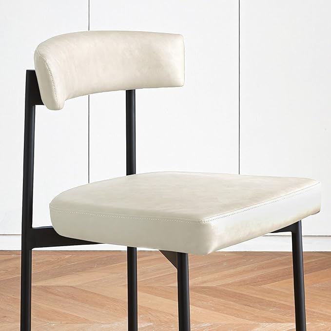 Beige Faux Leather Dining Chairs Set of 2, Armless Upholstered Kitchen Chair,Modern Dining Room Chair with Curved Backrest